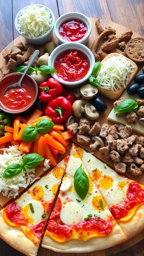 A colorful pizza charcuterie board with various toppings and sauces, inviting for a fun pizza night.